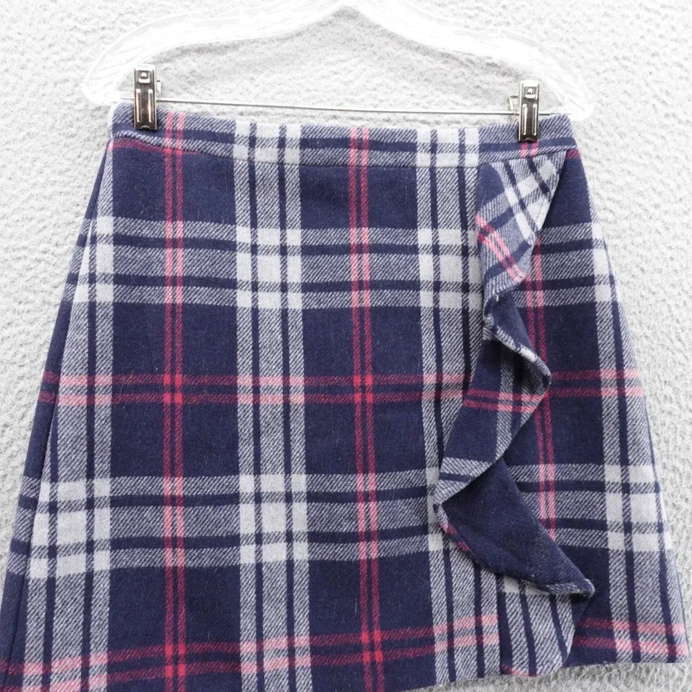 J Crew Mercantile Plaid Wool Blend Mini Skirt Size 4 Navy Blue‎ Ruffle Lined - Picture 3 of 15